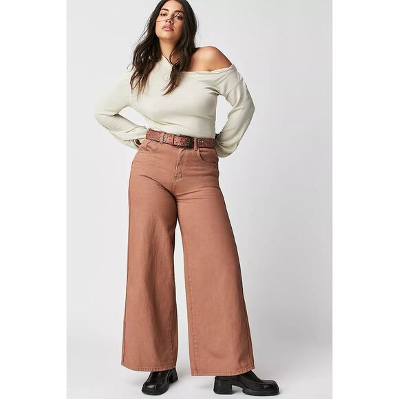 New FREE PEOPLE CRVY Gia Wide-Leg Jeans $128 SIZE 27 Sand Dune High Rise - Picture 3 of 7